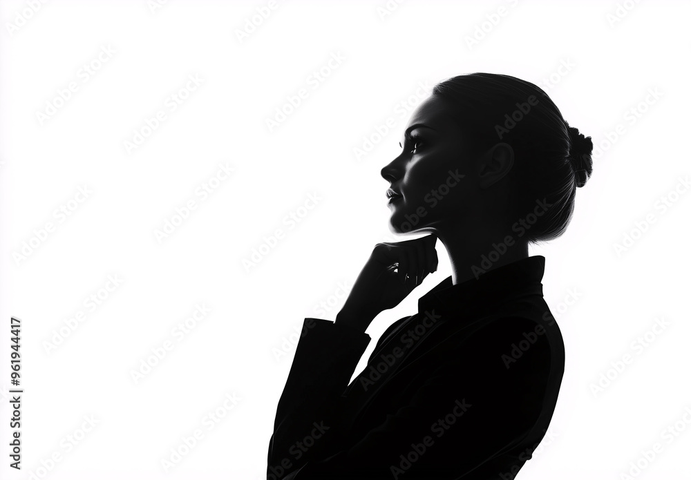 A woman is standing in front of a white background, looking to her left A woman is standing in front of a white background, looking to her left