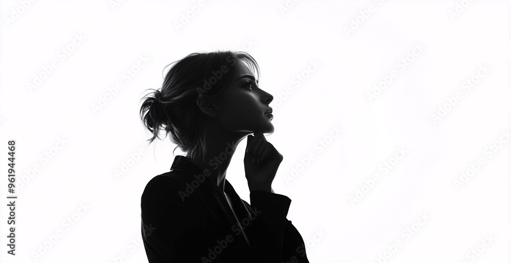 A woman is standing in front of a white background, looking to the right A woman is standing in front of a white background, looking to the right