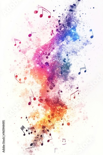 Rainbow-colored musical notes floating on abstract splash