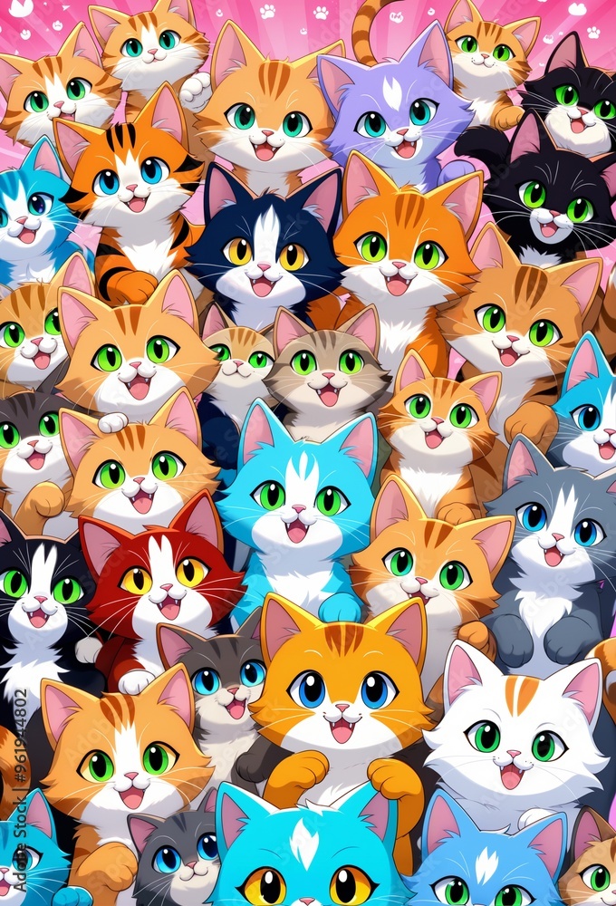 group of cats all together on a wallpaper, cute and funny, computer graphics, furry art group of cats all together on a wallpaper, cute and funny, computer graphics, furry art