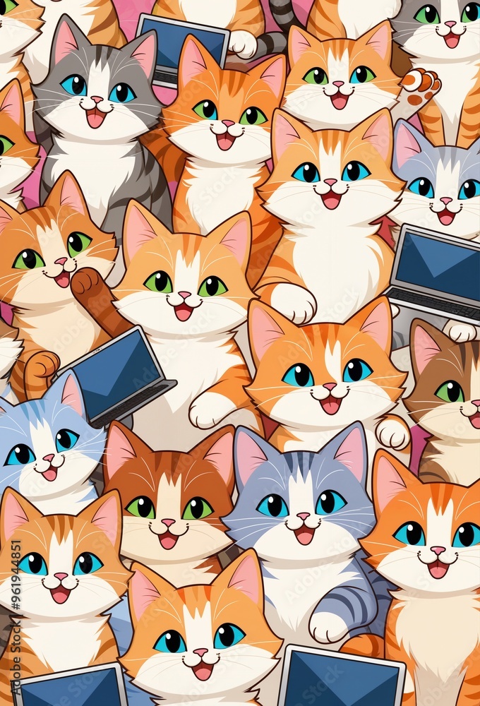 group of cats all together on a wallpaper, cute and funny, computer graphics, furry art group of cats all together on a wallpaper, cute and funny, computer graphics, furry art