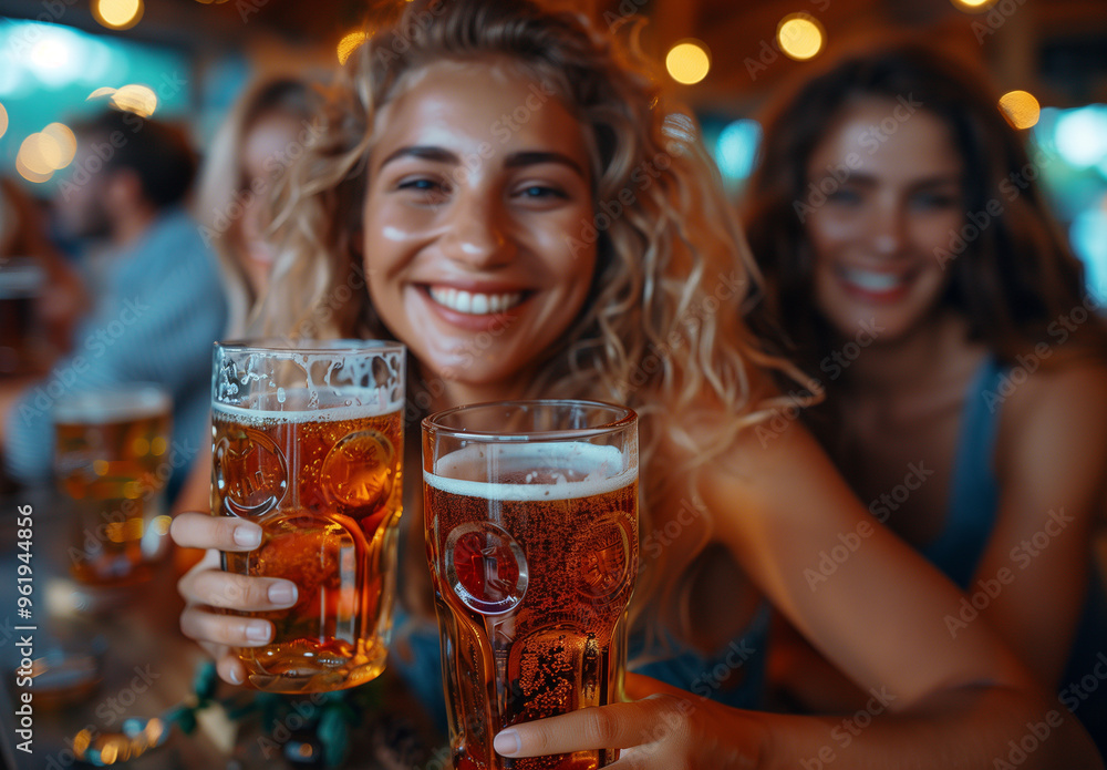 Pretty girl holding beer cups during Octoberfest in Germany. Pretty girl holding beer cups during Octoberfest in Germany.
