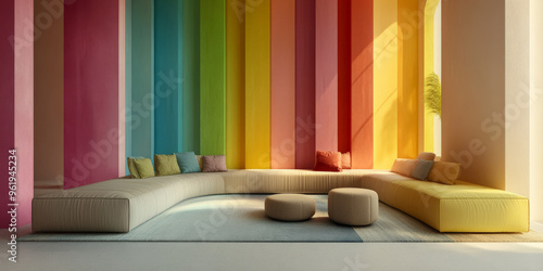 A 3D interior with rainbow-colored panels on the walls, arranged in a geometric pattern. The vibrant colors are balanced by minimalistic, neutral-colored furniture.