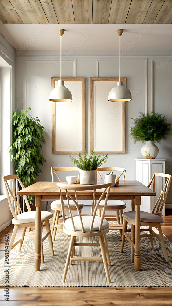 Fototapeta premium Farmhouse dining room interior, wall mockup, 3d render, white Mock up frame