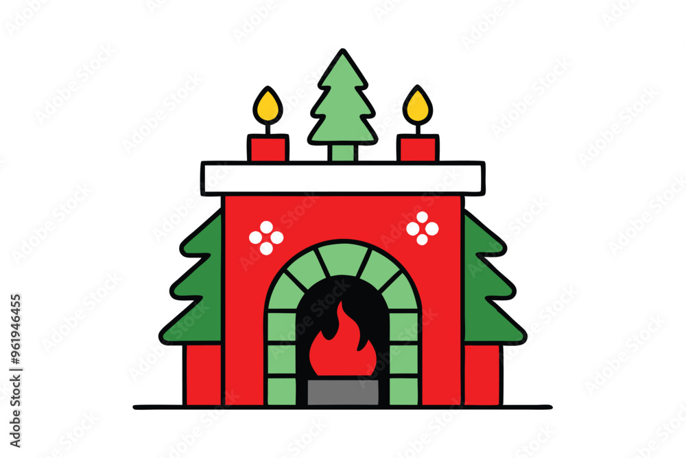 Fototapeta premium Christmas fireplace mantle vector line art, clipart illustration with isolated on white background