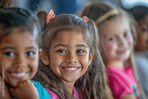 Fröhliche, diverse Schulkinder im Unterricht. Multikulturelle Klasse, positive Lernatmosphäre. Inklusion, Bildung. Authentische Interaktion. Heller Klassenraum. Lifestyle, Zukunft photo