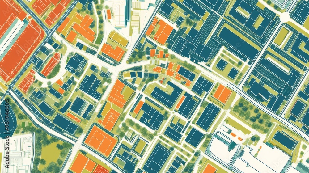 Fototapeta premium Aerial view of urban development with colorful buildings and green spaces.