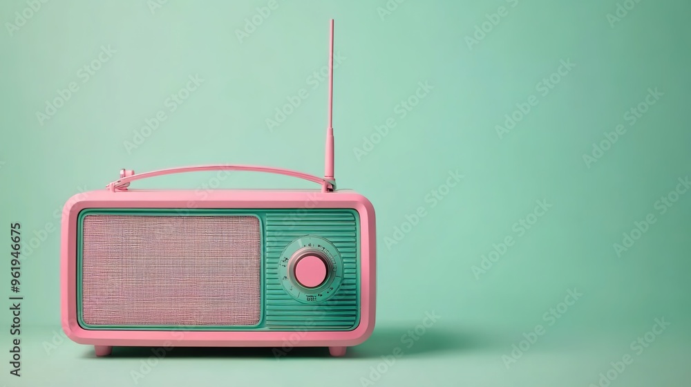 Obraz premium An old radio sits on a pastel green background