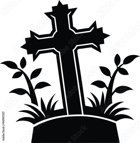 halloween Tombstone Cross silhouette vector illustration