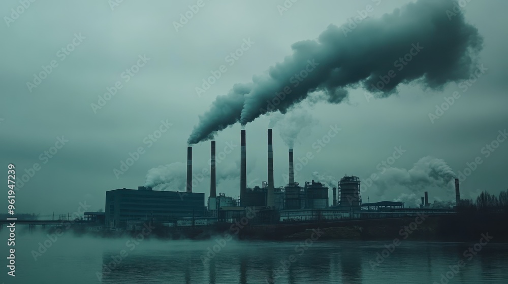 Environmental Concerns: Smoke Billowing from Factory Chimneys Polluting Gray Sky Environmental Concerns: Smoke Billowing from Factory Chimneys Polluting Gray Sky