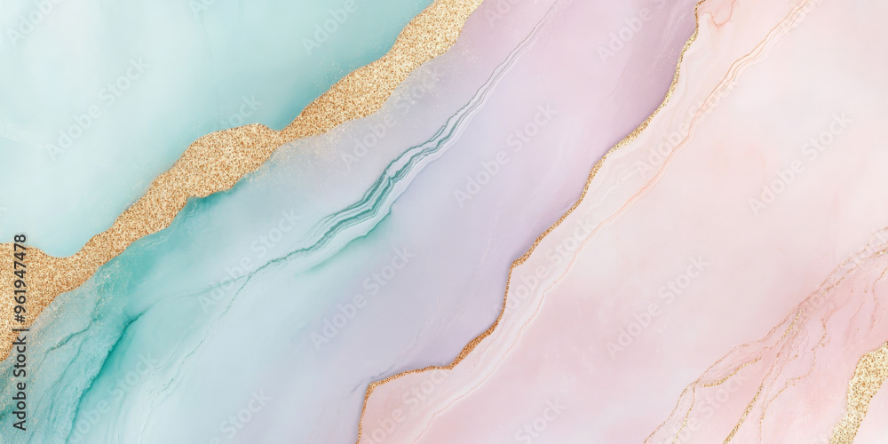 Fototapeta premium A soft pastel marble background with tones of lavender, mint, and blush blending with subtle gold veins.