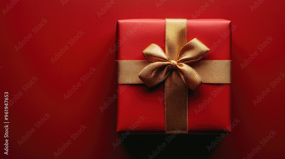 Festive red gift box with an elegant gold ribbon, set for Christmas or birthday occasions, with copy space for personalized messages Festive red gift box with an elegant gold ribbon, set for Christmas or birthday occasions, with copy space for personalized messages