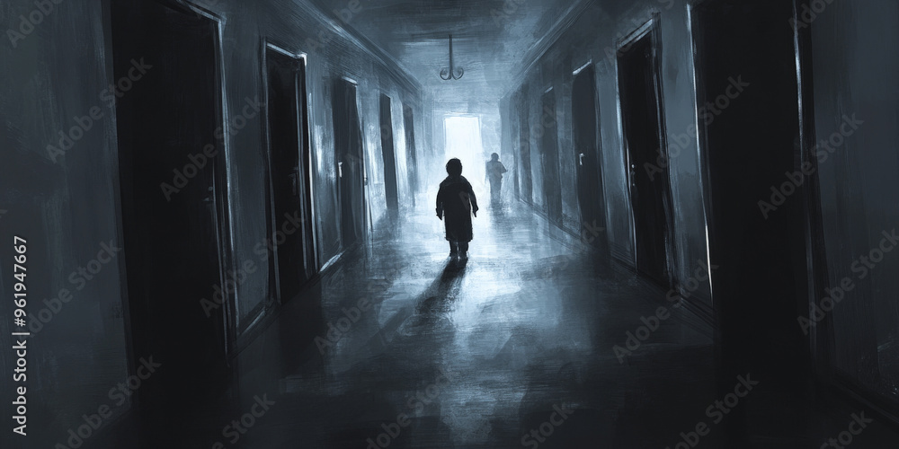 A long, dark hallway with doors opening on their own, revealing shadowy figures lurking as the child walks fearfully through. A long, dark hallway with doors opening on their own, revealing shadowy figures lurking as the child walks fearfully through.