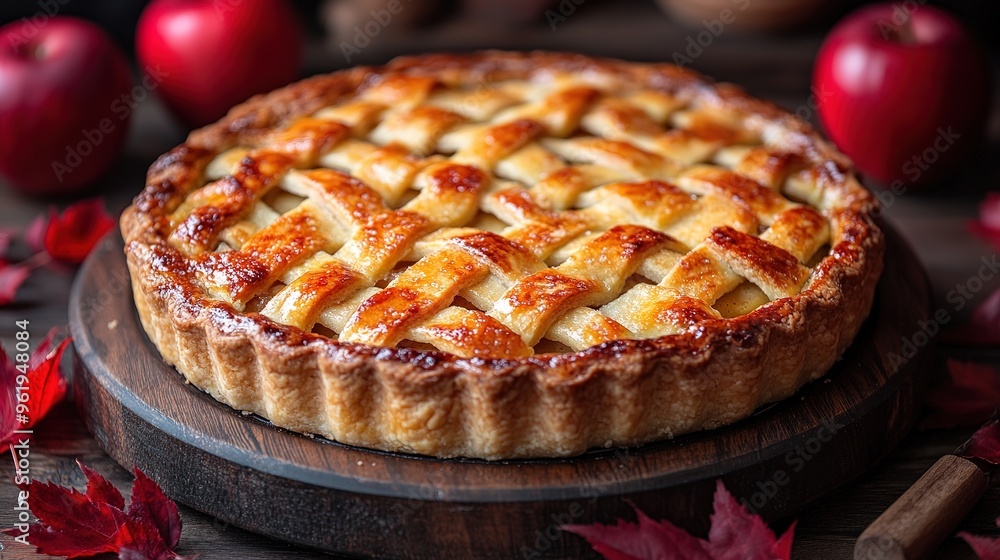 Apple pie decorated with lattice overhead shot, fall baking concept Apple pie decorated with lattice overhead shot, fall baking concept