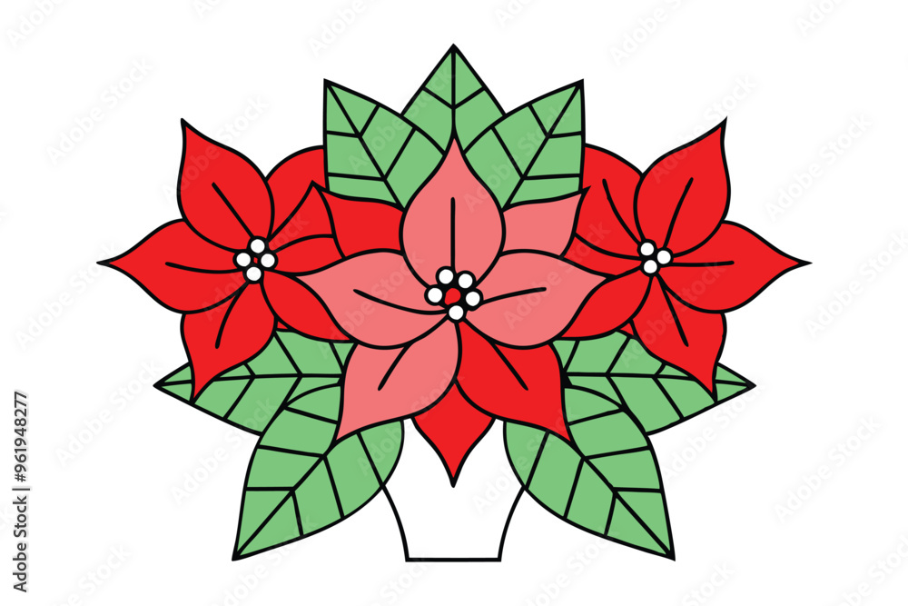Christmas holiday poinsettia bouquet vector line art, clipart illustration with isolated on white background Christmas holiday poinsettia bouquet vector line art, clipart illustration with isolated on white background