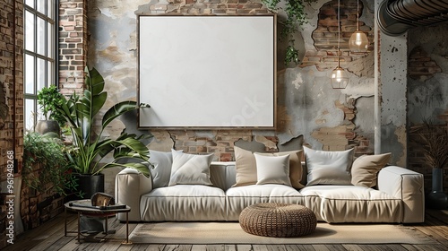 A stylish living room interior featuring a blank canvas on the wall, ready for artwork. The room has modern furniture, plants, and cozy lighting photo