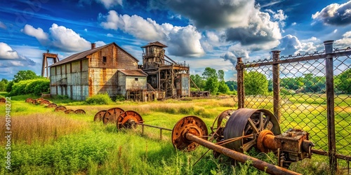 Abandoned industrial machinery lies rusting in a vast, overgrown field, surrounded by worn fences and neglected buildings in rural Tullahoma, Tennessee. photo