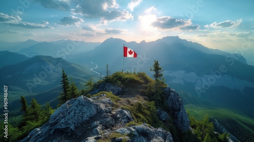 A Canadian flag placed on a mountain peak with a stunning view of the Rockies in the background. The flag symbolizes national pride amidst nature's beauty