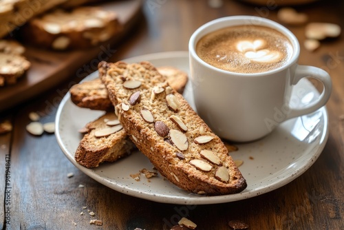 A plate of crunchy almond biscotti served alongside a cup of espresso on a wooden table