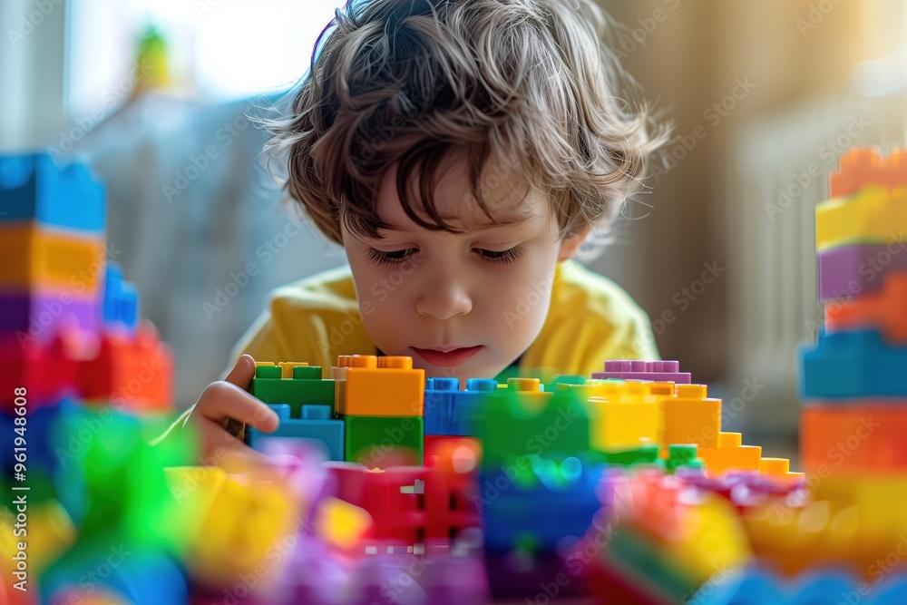 Portrait of a child with autism playing with colorful building blocks, deeply focused and happy