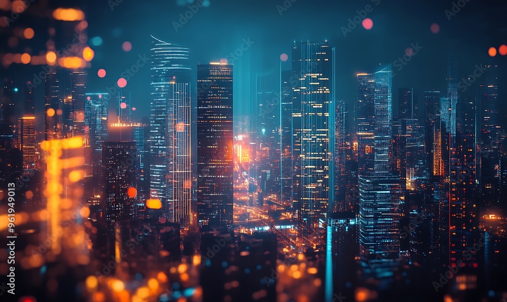 Nighttime Cityscape with Illuminated Skyscrapers Nighttime Cityscape with Illuminated Skyscrapers