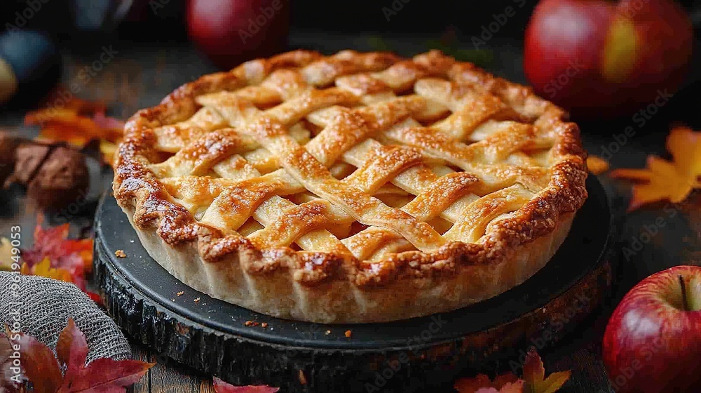 Apple pie decorated with lattice overhead shot, fall baking concept Apple pie decorated with lattice overhead shot, fall baking concept