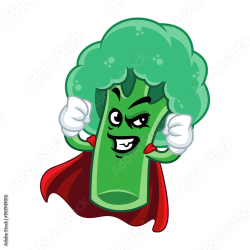 Superhero broccoli cartoon character with a red cape flying through the air.