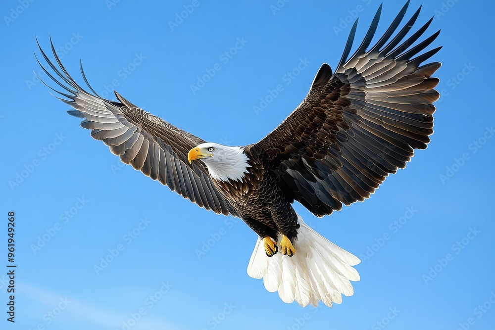 Obraz premium Bald Eagle Soaring in Clear Blue Sky