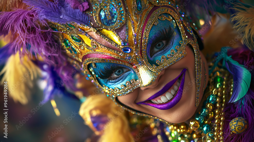 A Mardi Gras participant in full costume, with colorful beads, masks and feathers A Mardi Gras participant in full costume, with colorful beads, masks and feathers