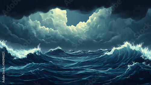 Stormy roiling sea under a dark sky. waves in the ocean, large with ominous cloudy sky. generative ai. Stormy Sea. Illustration