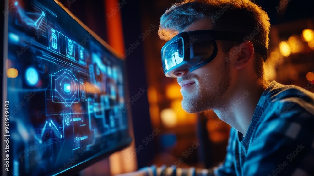 Man Wearing VR Headset Looking at Computer Screen. Man Wearing VR Headset Looking at Computer Screen.