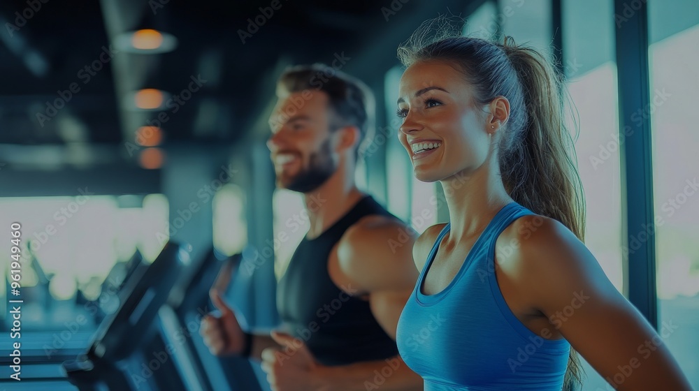 Happy Couple Running on Treadmill at the Gym. Happy Couple Running on Treadmill at the Gym.