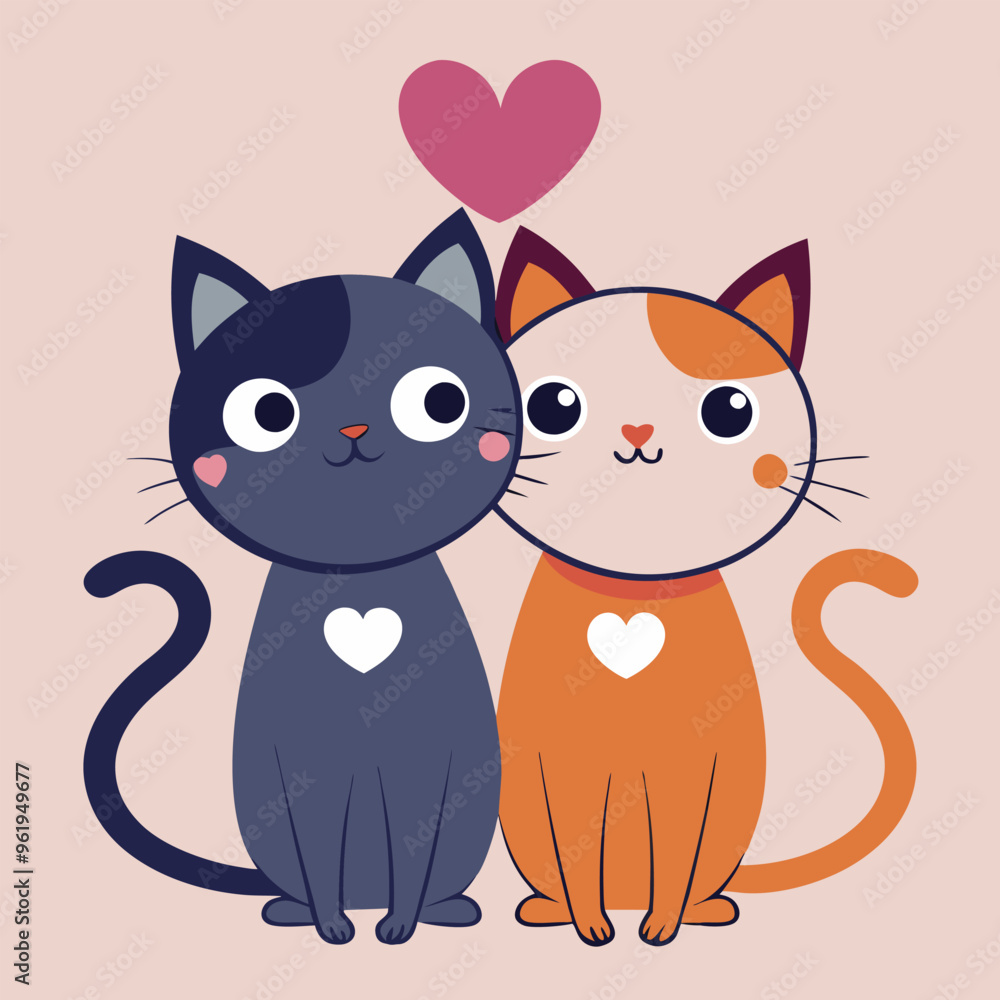 Obraz premium Character couple cat fall in love and little heart