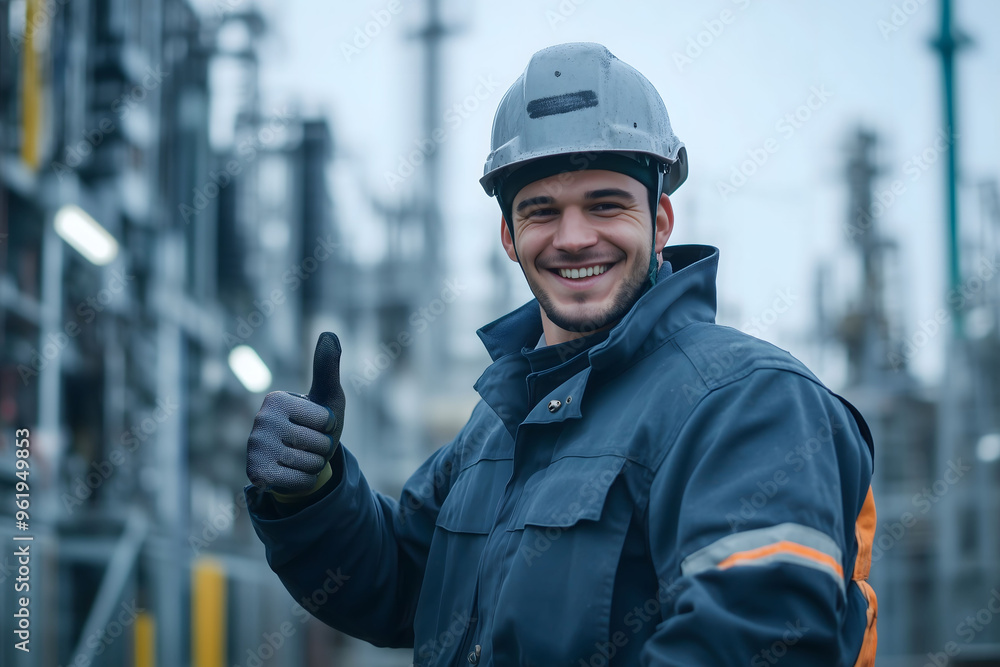Smiling electrical engineer giving a thumbs up near an outdoor power plant. Smiling electrical engineer giving a thumbs up near an outdoor power plant.
