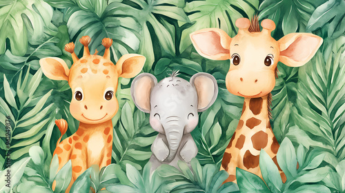Fototapeta Naklejka Na Ścianę i Meble -  Stunning watercolor clipart of baby safari animals in a lush jungle setting, perfect for nursery decor and baby shower invitations. Lush Jungle. Illustration