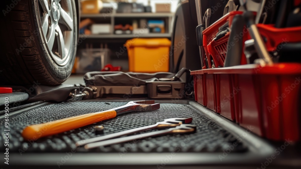 Fototapeta premium Emergency Vehicle Tools Kit with Wheel Spanner and Spade displayed in Car Interior Organizer - Preparedness for Automotive Breakdowns