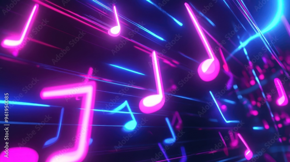 Obraz premium Neon musical notes flowing horizontally in dark space