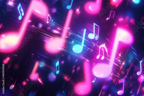 Blurred and vibrant neon music notes in motion digitally