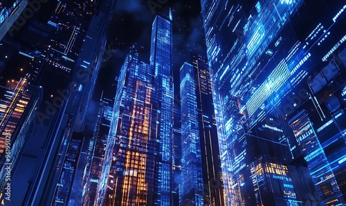 Futuristic Cityscape with Glowing Blue and Orange Towers