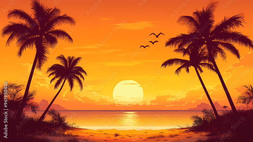 Fototapeta premium Sunset beach with palm tree silhouette. Sunset Beach. Illustration