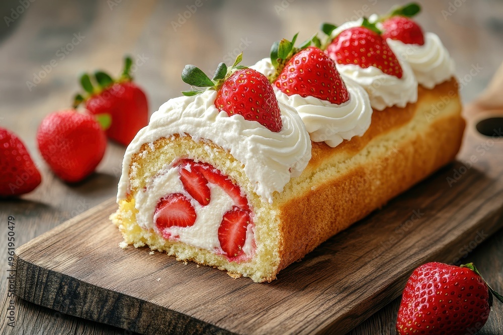 Swiss roll with strawberry and whipped cream on cutting board Swiss roll with strawberry and whipped cream on cutting board