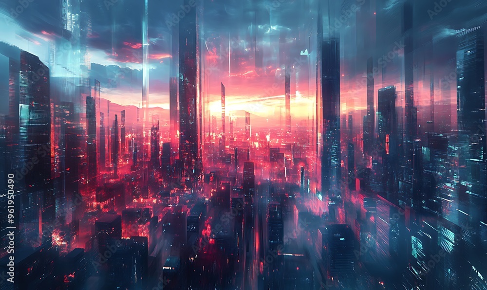 Obraz premium Futuristic Cityscape with Glowing Towers and Red Sky