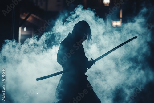 Sword wielding ninja in smoky night photo