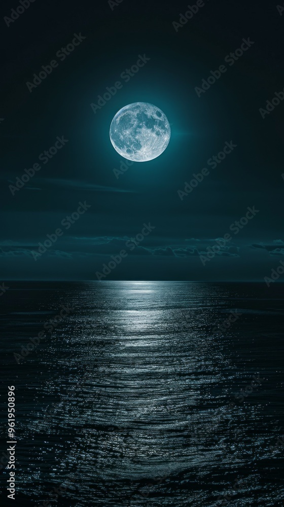 Night sky with big blue moon rises above the sea Night sky with big blue moon rises above the sea