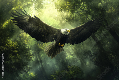 Wallpaper Mural A soaring eagle with wings spread wide, blending into a dense forest landscape filled with light and shadows. Torontodigital.ca