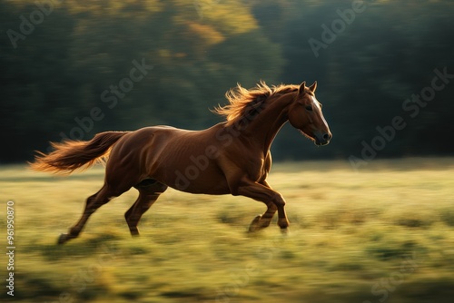 Chestnut Horse. Majestic Warmblood Horse in Motion Against Tree Line Horizon photo