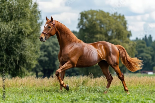 Chestnut Horse in Action: Strong Warmblood Equine Moving in Front of Trees