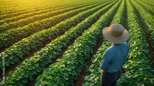 drone view of farmer in widebrimmed hat inspecting vast lush crop field geometric patterns of rows vibrant greens contrasting with rich soil sunlight casting long shadows photo