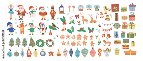 Cute xmas festive elements and characters. Traditional New Year stickers collection. Christmas decor flat vector illustration. Xmas characters bundle of santa, snowman, penguin, elf, gnome.