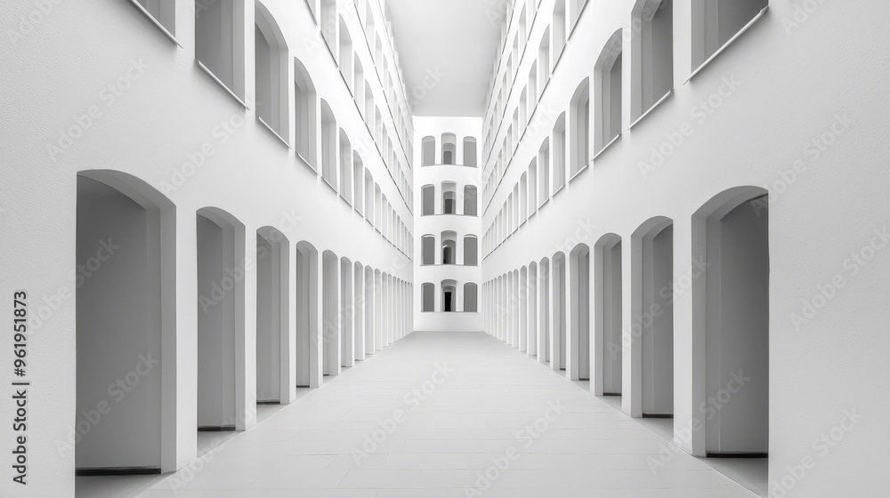 Obraz premium A minimalist hallway featuring clean lines and bright white walls, creating an open and airy atmosphere perfect for modern architecture.